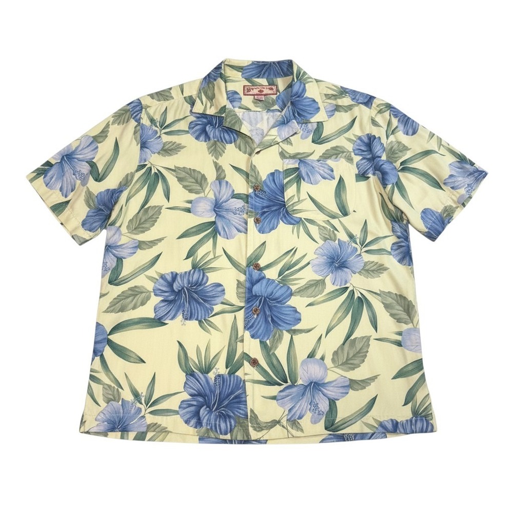 Caribbean Joe Hawaiian Shirt M Yellow Blue Floral Rayon Short Sleeve Camp Collar